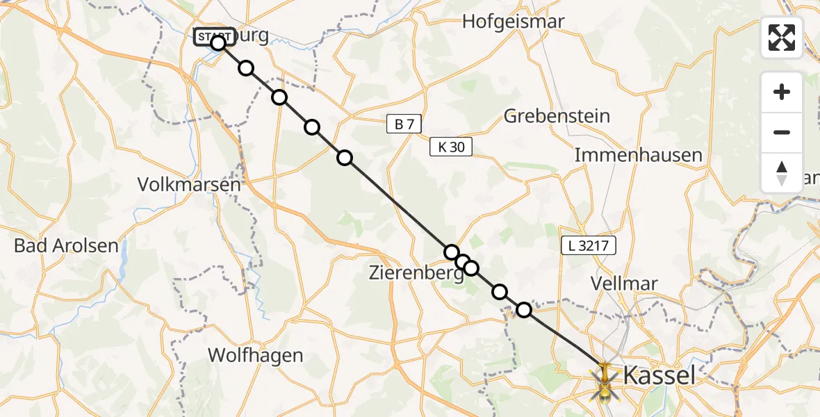 Flugroute Rettungshubschrauber Warburg - Kassel, 22 Februar 2026, 10:32
