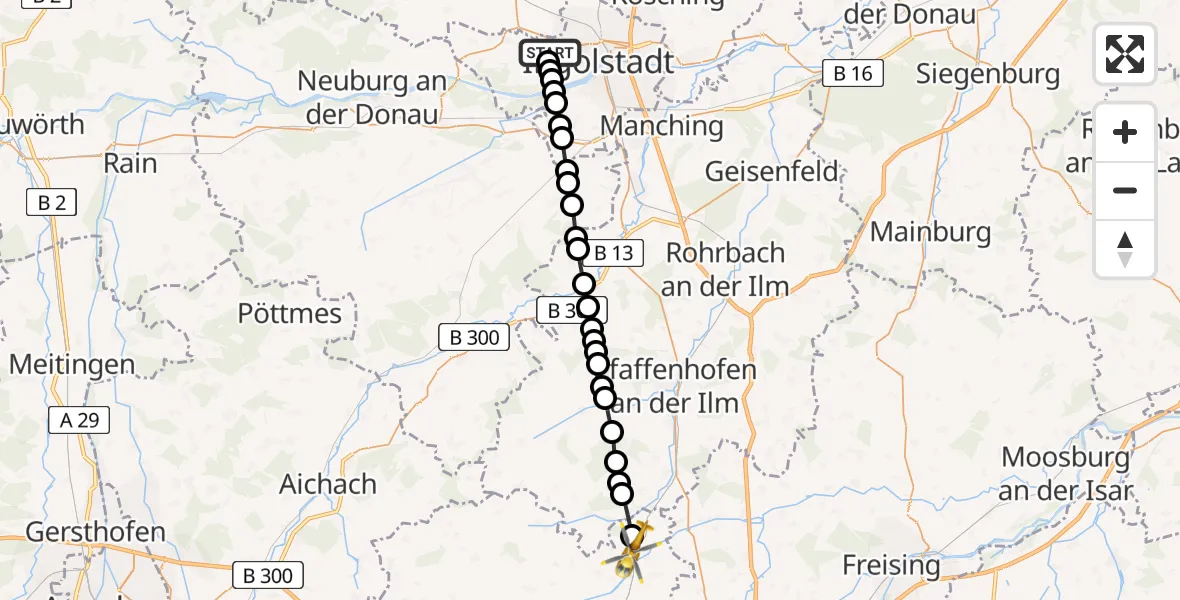 Flugroute Rettungshubschrauber Ingolstadt Hospital Heliport - Ziegelberg, 22 Februar 2026, 10:32
