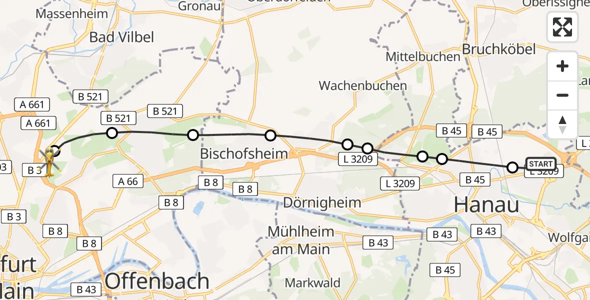 Flugroute Rettungshubschrauber Hanau Fire Department Emergency Heliport - Frankfurt am Main Accident Hospital Roof Helipad (CHX2), 22 Februar 2026, 10:39
