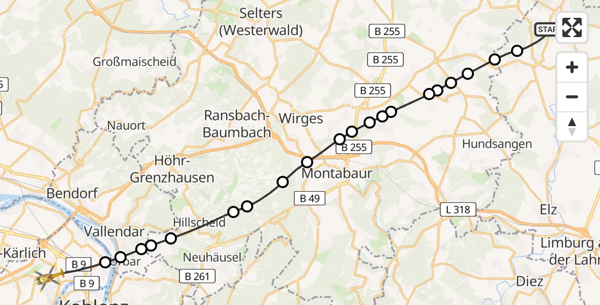 Flugroute Rettungshubschrauber Frickhofen - Koblenz, 22 Februar 2026, 10:44