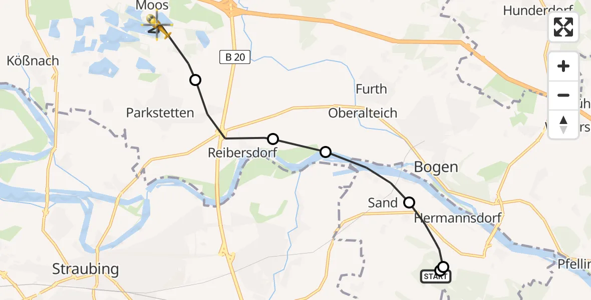 Flugroute Rettungshubschrauber Schambach - Parkstetten, 22 Februar 2026, 10:50