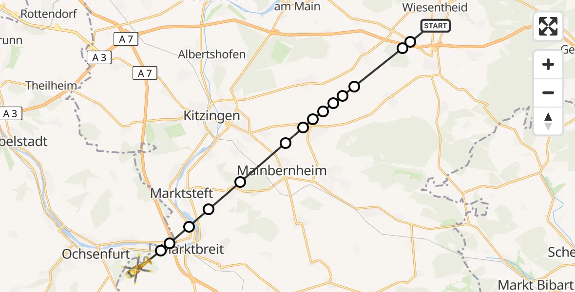 Flugroute Rettungshubschrauber Wiesentheid - Marktbreit, 22 Februar 2026, 10:59