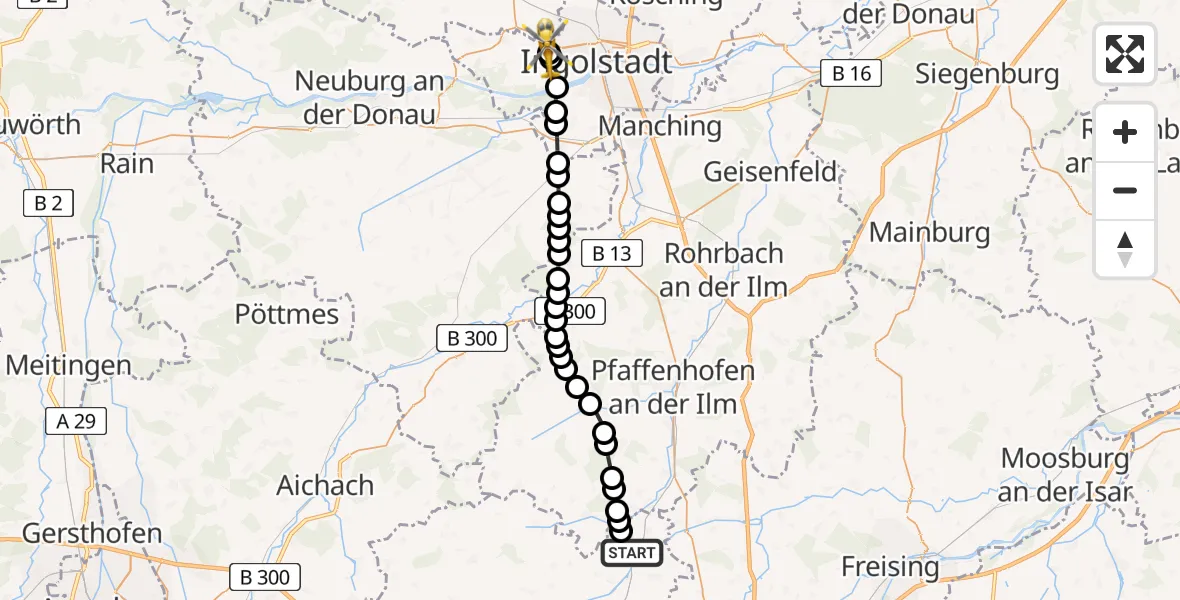 Flugroute Rettungshubschrauber Ziegelberg - Ingolstadt Hospital Heliport, 22 Februar 2026, 11:06