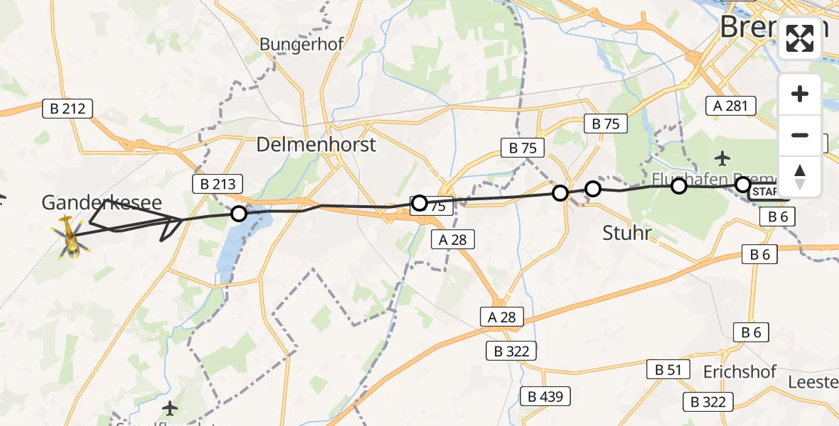 Flugroute Rettungshubschrauber Bremen-Süd - Ganderkesee, 22 Februar 2026, 11:11