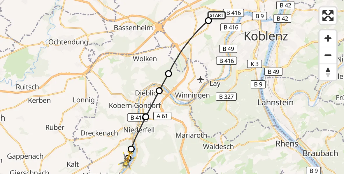 Flugroute Rettungshubschrauber Koblenz - Moselsürsch, 22 Februar 2026, 11:20