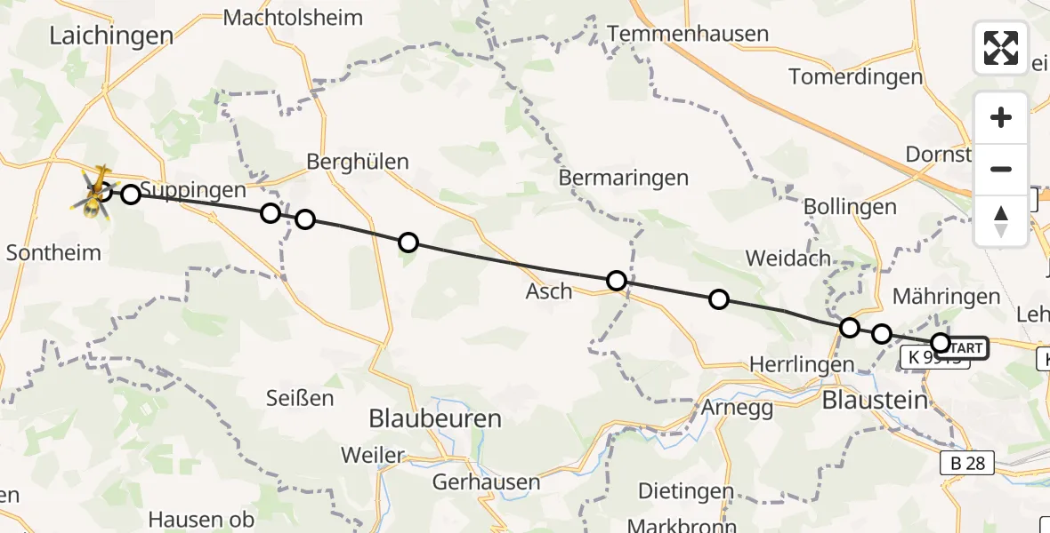 Flugroute Rettungshubschrauber ADAC Air Rescue Station Ulm (Christoph 22) - Sontheim, 22 Februar 2026, 11:28