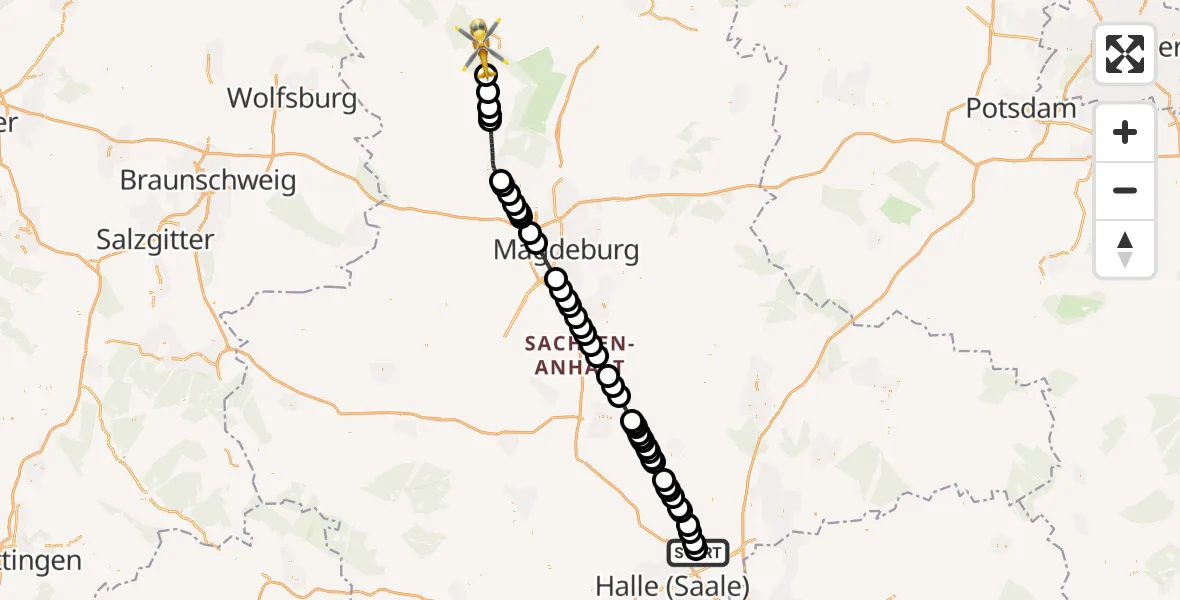 Flugroute Ambulanzhubschrauber Halle-Oppin Airfield - Gardelegen, 22 Februar 2026, 11:35