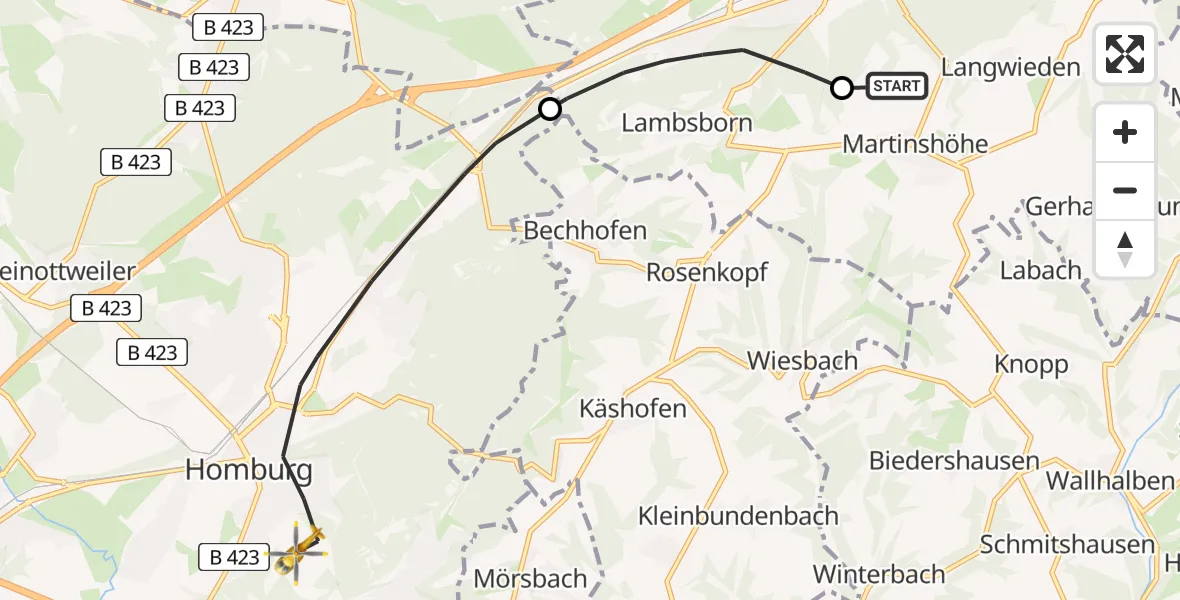 Flugroute Rettungshubschrauber Martinshöhe - Homburg, 22 Februar 2026, 11:53