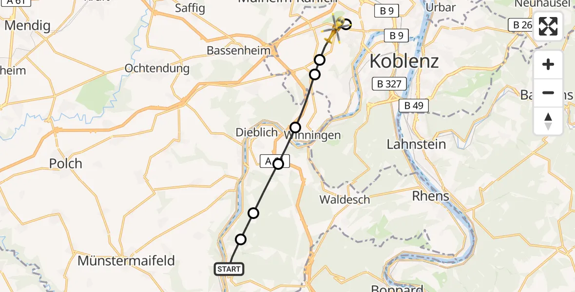Flugroute Rettungshubschrauber Alken - Rübenach, 22 Februar 2026, 11:59