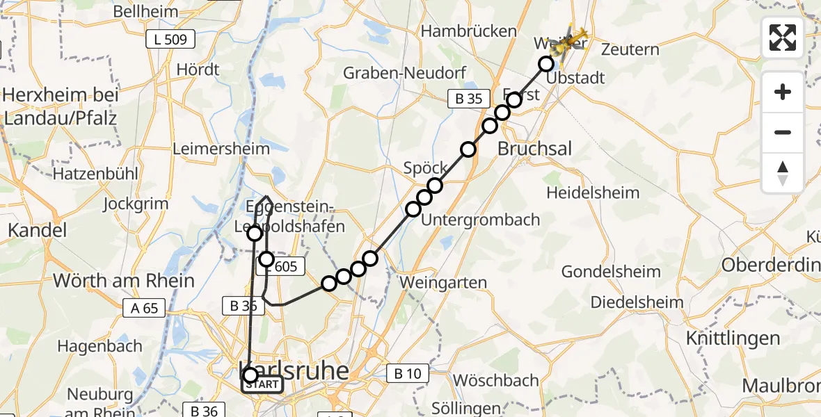 Flugroute Rettungshubschrauber Sankt Vincentius Hospital Heliport - Weiher, 22 Februar 2026, 12:00