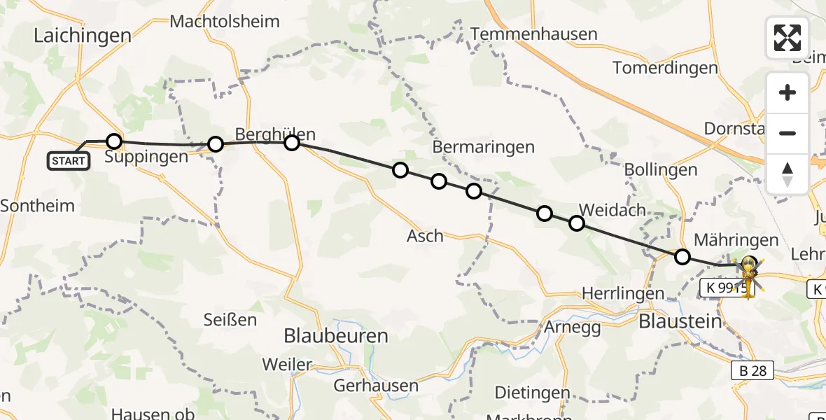 Routekaart van de vlucht: Rettungshubschrauber nach ADAC Air Rescue Station Ulm (Christoph 22)