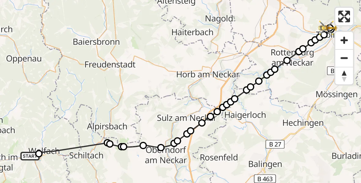 Flugroute Rettungshubschrauber Hausach - Tübingen Trauma Hospital Helipad, 22 Februar 2026, 12:09