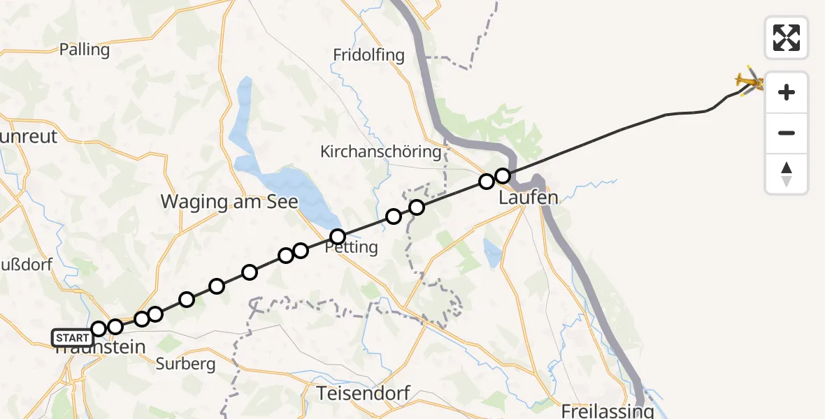 Flugroute Rettungshubschrauber Traunstein Hospital Helipad - Laufen, 22 Februar 2026, 12:12