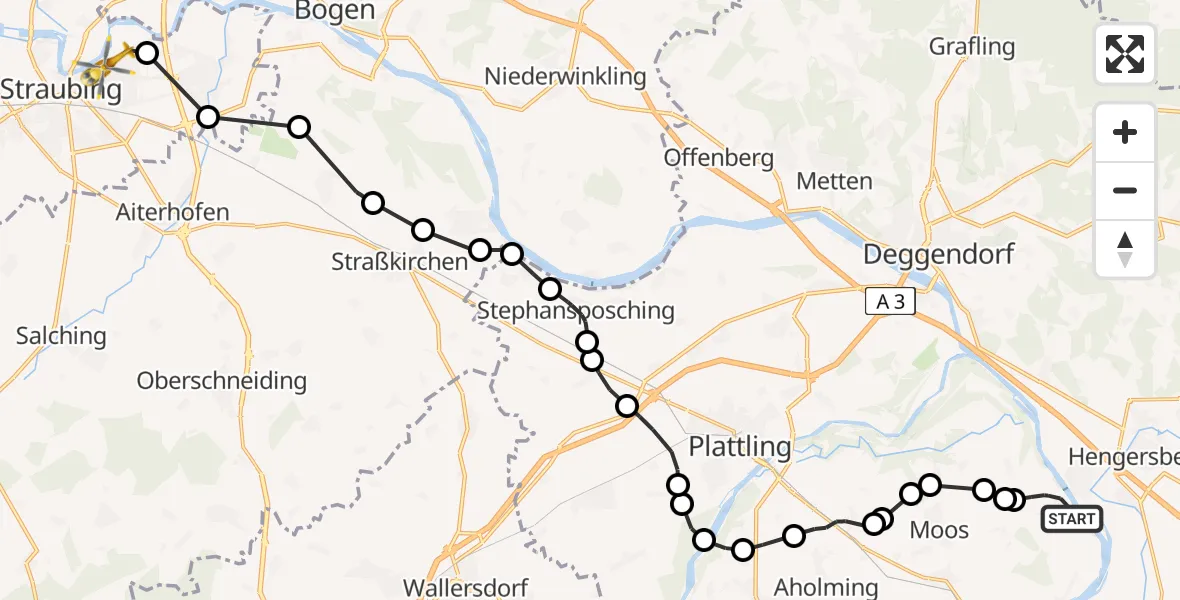 Flugroute Rettungshubschrauber Thundorf - Sankt Elisabeth Hospital Straubing Heliport, 22 Februar 2026, 12:15