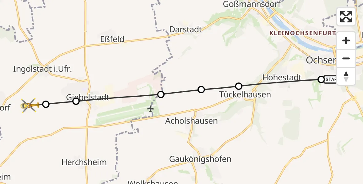 Flugroute Rettungshubschrauber Ochsenfurt - Sulzdorf, 22 Februar 2026, 12:15