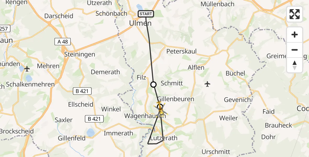 Flugroute Ambulanzhubschrauber Ulmen - Lutzerath, 22 Februar 2026, 12:22