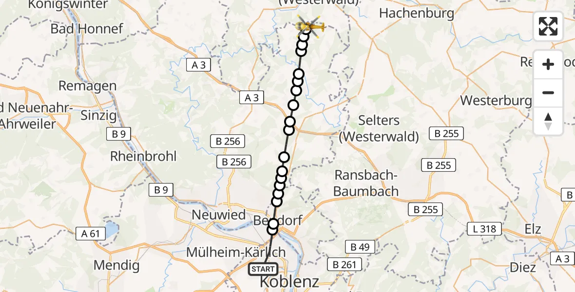 Flugroute Rettungshubschrauber Koblenz - Neitzert, 22 Februar 2026, 12:33