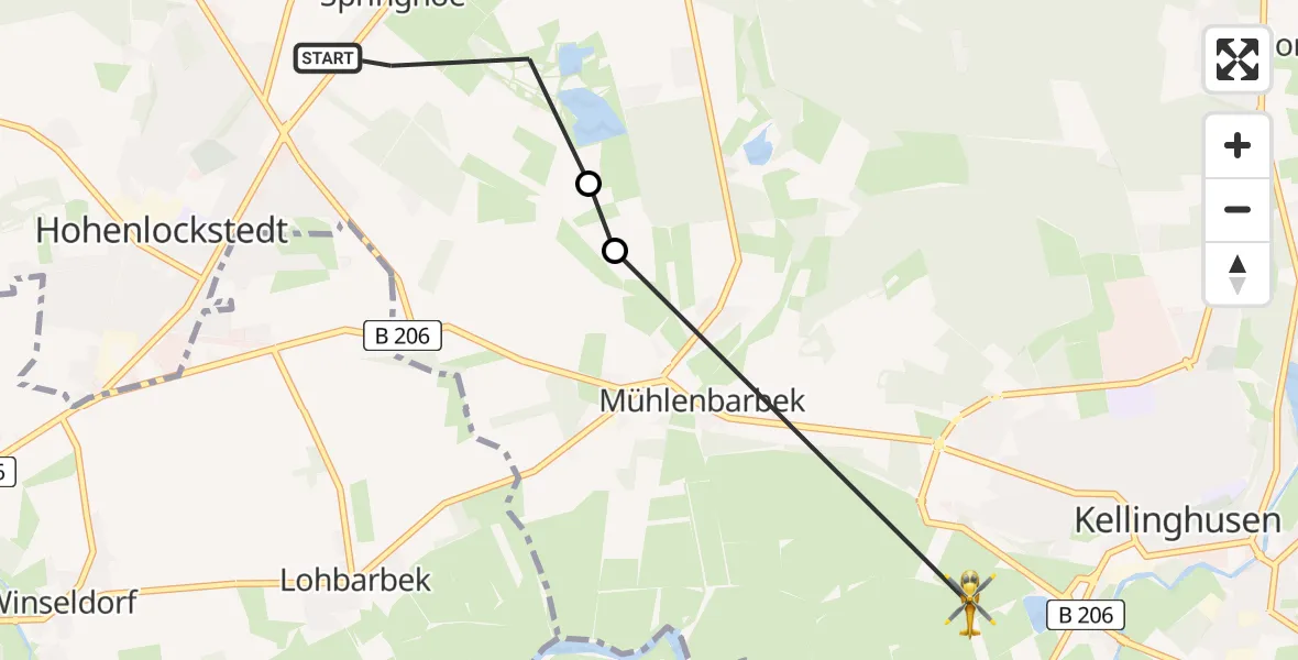 Flugroute Rettungshubschrauber Springhoe - Kellinghusen, 22 Februar 2026, 12:35