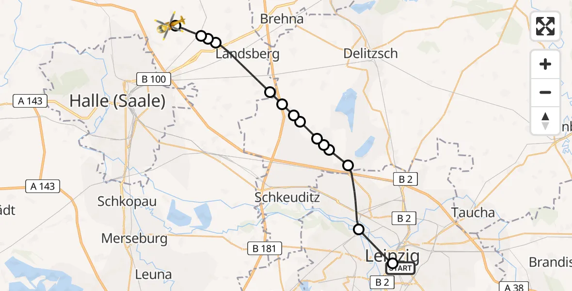 Flugroute Rettungshubschrauber Leipzig University Hospital Heliport 1 - Halle-Oppin Airfield, 22 Februar 2026, 12:45