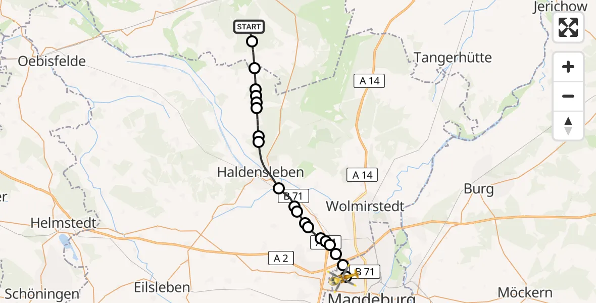 Flugroute Ambulanzhubschrauber Gardelegen - Magdeburg Hospital Heliport, 22 Februar 2026, 12:45
