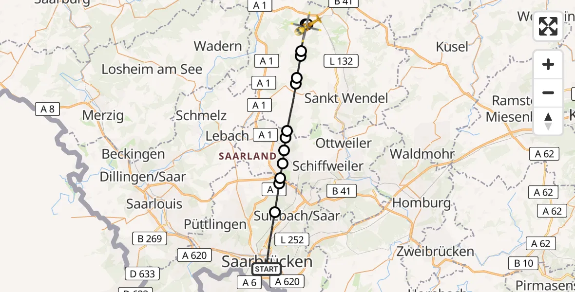 Flugroute Rettungshubschrauber Saarbrücken - Nohfelden, 22 Februar 2026, 13:19