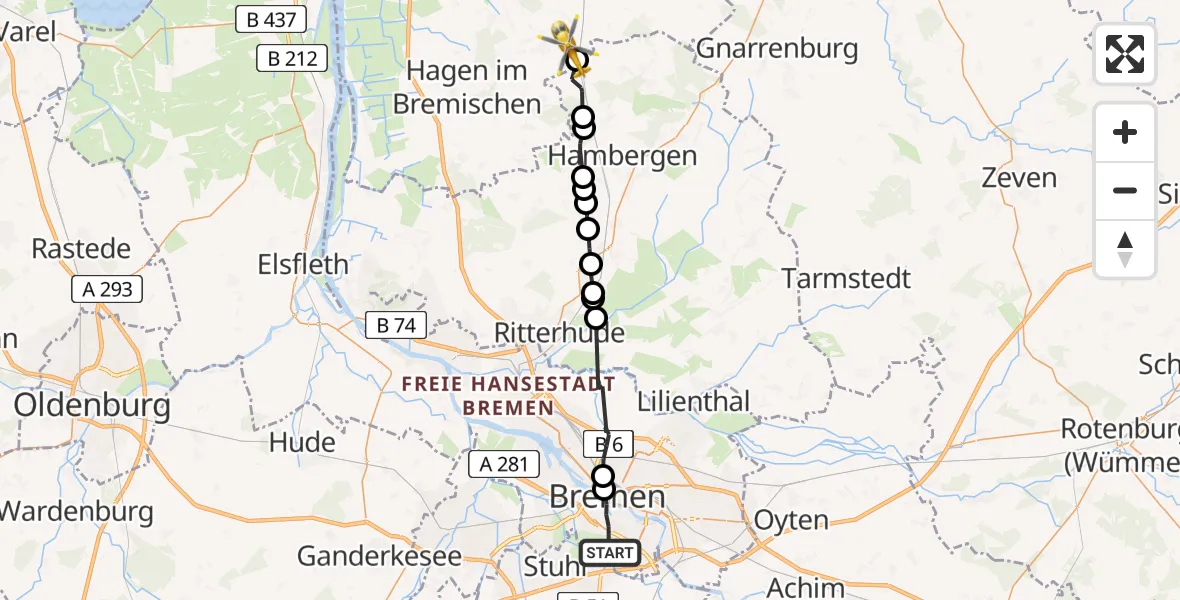 Flugroute Rettungshubschrauber Bremen-Süd - Bokel, 22 Februar 2026, 13:22