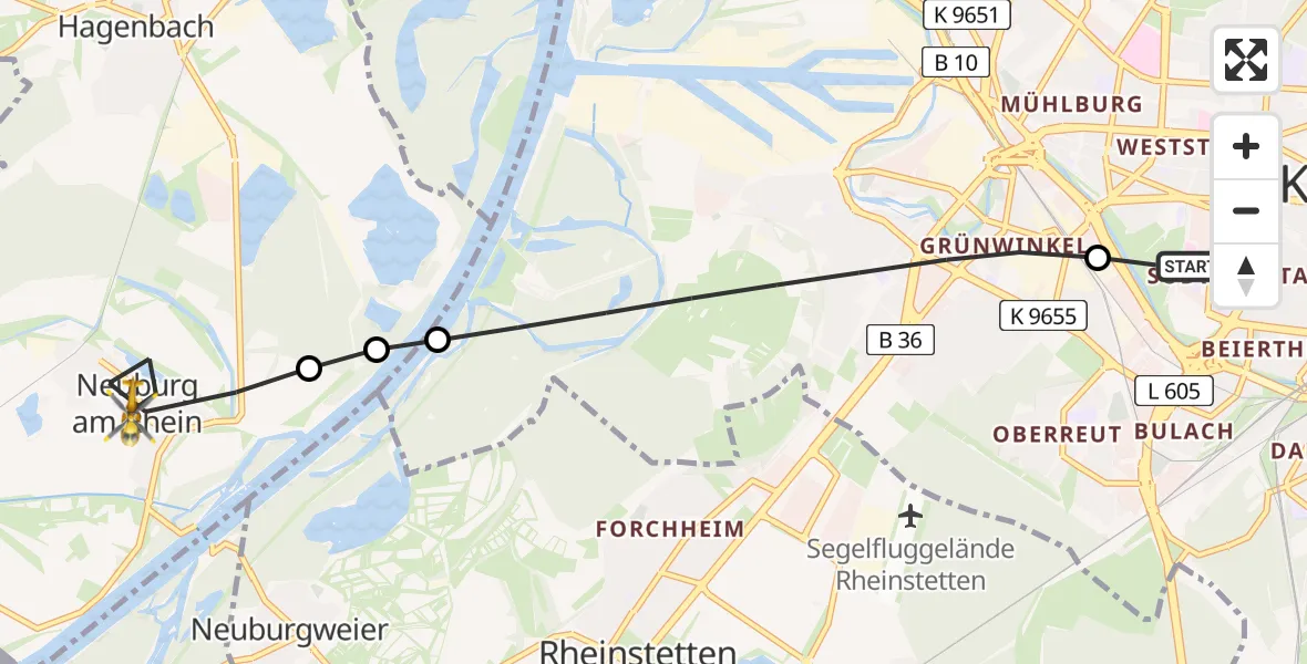 Flugroute Rettungshubschrauber Sankt Vincentius Hospital Heliport - Neuburg am Rhein, 22 Februar 2026, 13:53