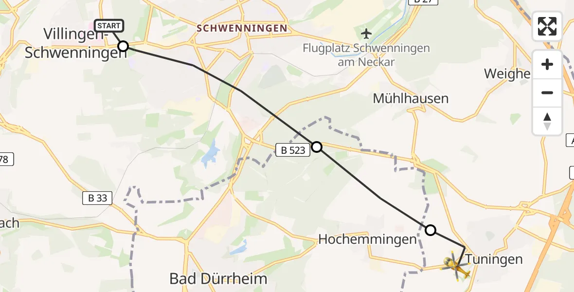 Routekaart van de vlucht: Rettungshubschrauber nach Tuningen, Kötachtalstraße
