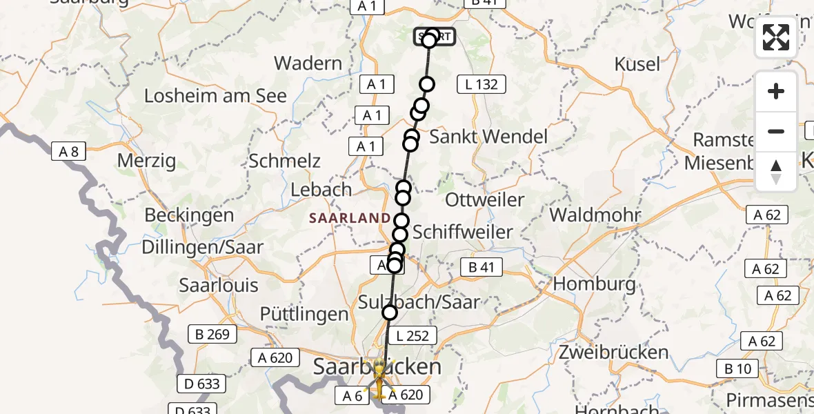 Flugroute Rettungshubschrauber Nohfelden - Saarbrücken, 22 Februar 2026, 14:02