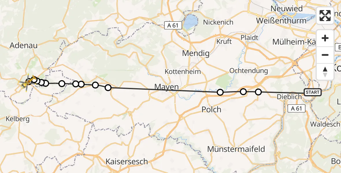 Flugroute Ambulanzhubschrauber Winningen - Nürburgring Heliport, 22 Februar 2026, 14:09