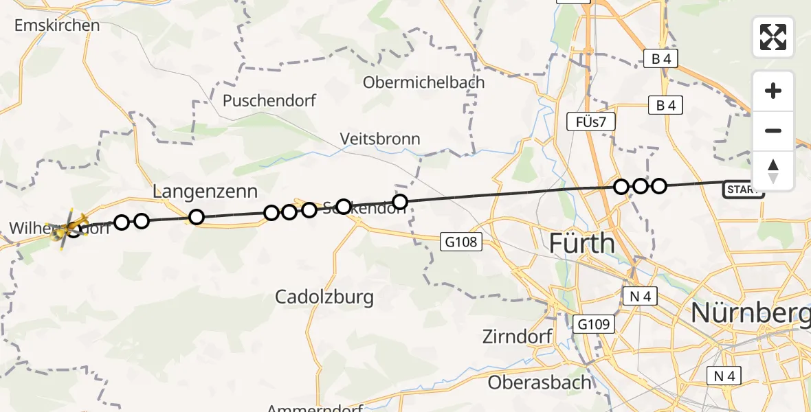 Flugroute Rettungshubschrauber Nuremberg Airport - Wilhermsdorf, 22 Februar 2026, 14:26