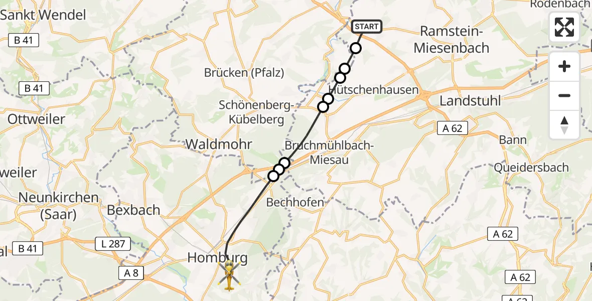 Flugroute Rettungshubschrauber Schrollbach - Homburg, 22 Februar 2026, 14:45