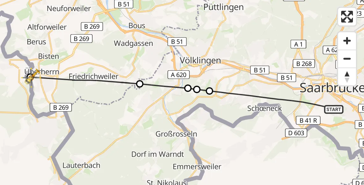 Flugroute Rettungshubschrauber Saarbrücken - Überherrn, 22 Februar 2026, 14:49