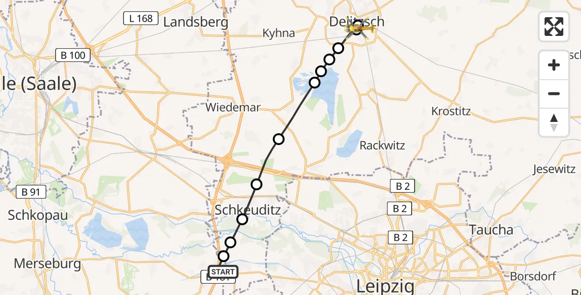 Flugroute Rettungshubschrauber ADAC Air Rescue Station Leipzig/Schkeuditz-Dölzig Heliport (Christoph 61) - Delitzsch, 22 Februar 2026, 14:51