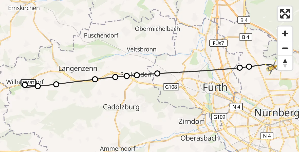 Flugroute Rettungshubschrauber Wilhermsdorf - Nuremberg Airport, 22 Februar 2026, 15:02