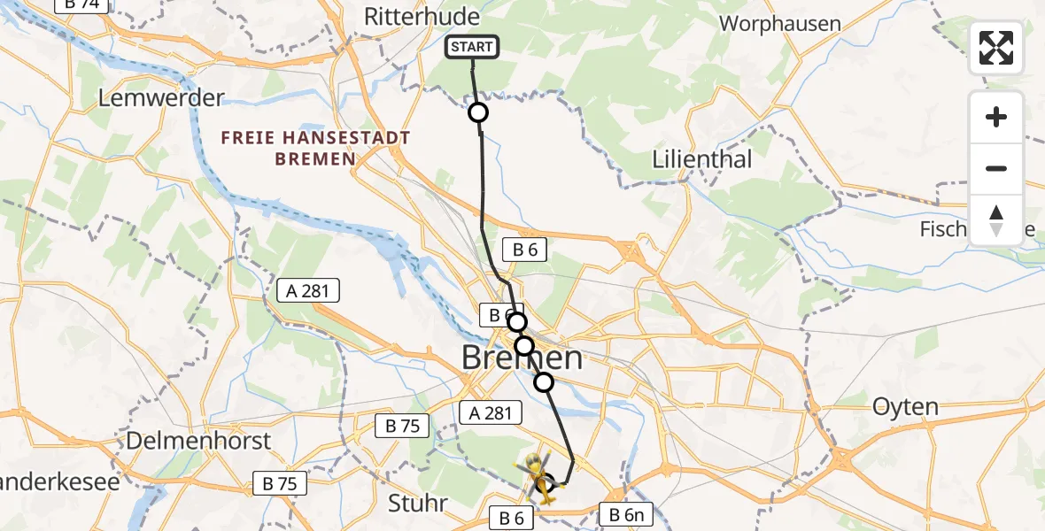 Flugroute Rettungshubschrauber Ritterhude - ADAC Air Rescue Station Bremen Heliport (Christoph 6), 22 Februar 2026, 15:04