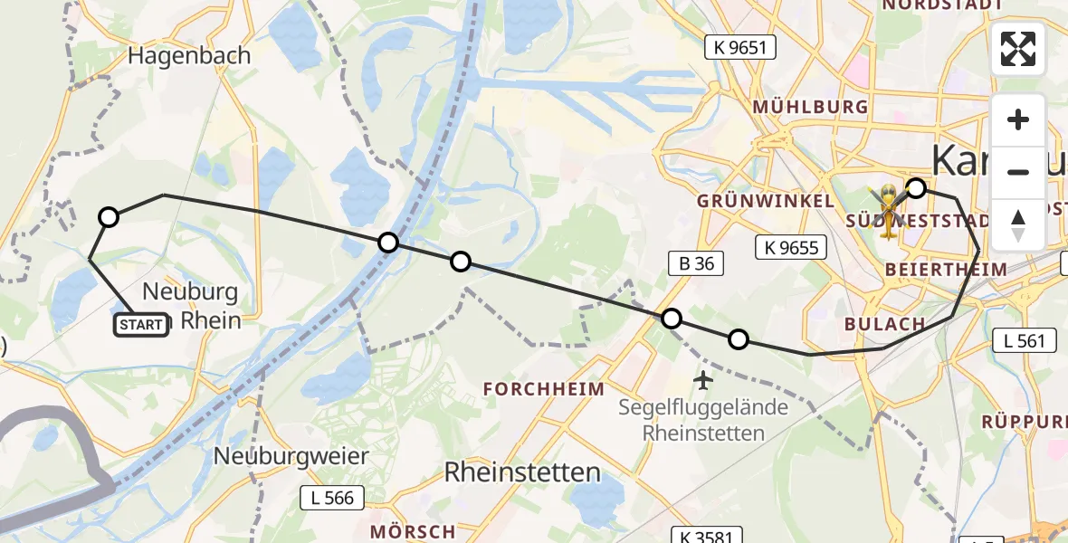 Flugroute Rettungshubschrauber Neuburg am Rhein - Sankt Vincentius Hospital Heliport, 22 Februar 2026, 15:09