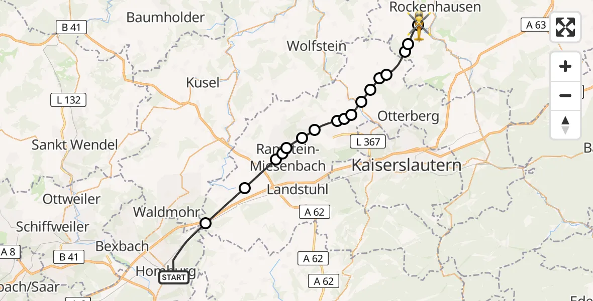 Flugroute Rettungshubschrauber Homburg - Imsweiler UL, 22 Februar 2026, 15:10