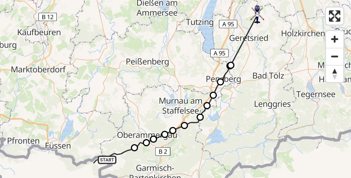 Flugroute Polizeihubschrauber Ettaler Forst - Aufhofen, 22 Februar 2026, 15:19