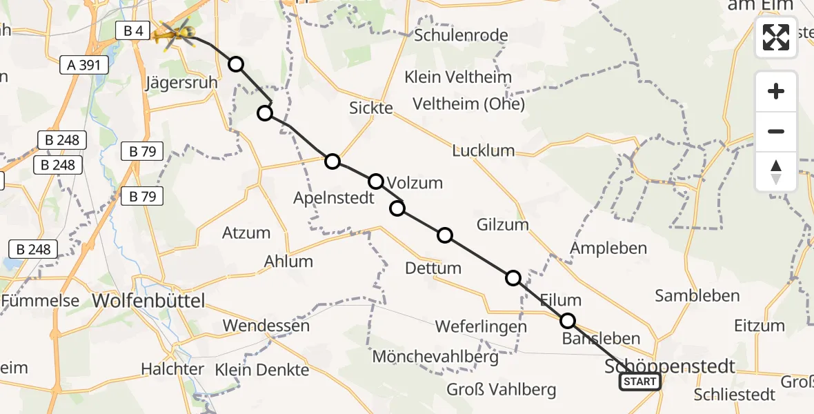 Flugroute Rettungshubschrauber Schöppenstedt - Südstadt-Rautheim-Mascherode, 22 Februar 2026, 15:22