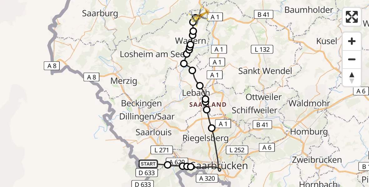 Flugroute Rettungshubschrauber Wadgassen - Nonnweiler, 22 Februar 2026, 15:35