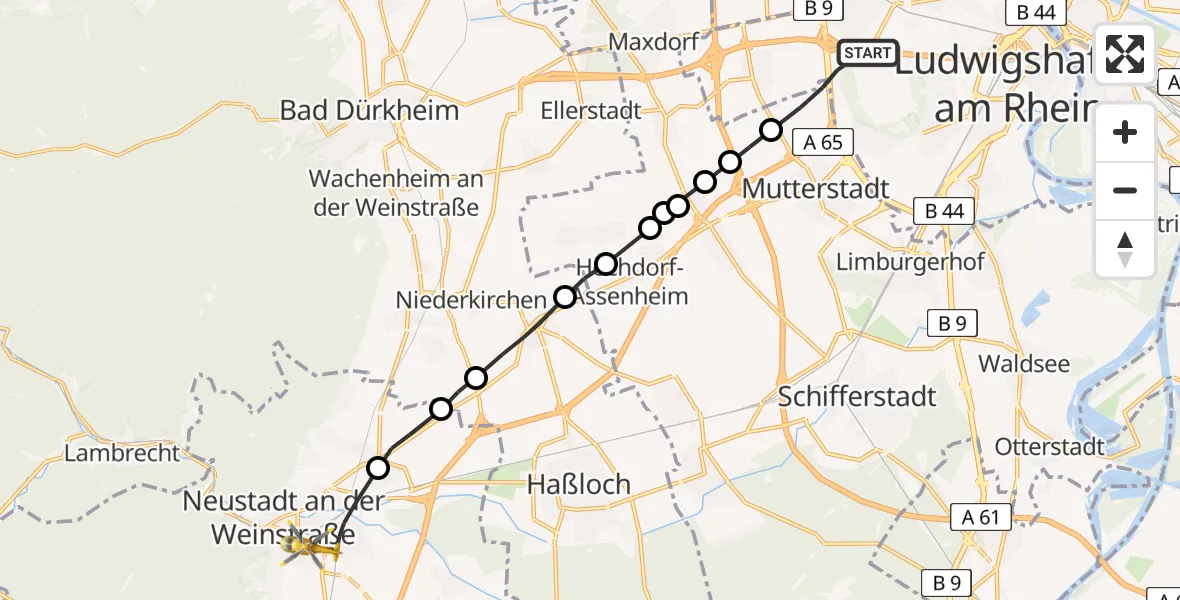 Flugroute Rettungshubschrauber Ludwigshafen am Rhein - Neustadt an der Weinstraße, 22 Februar 2026, 15:53