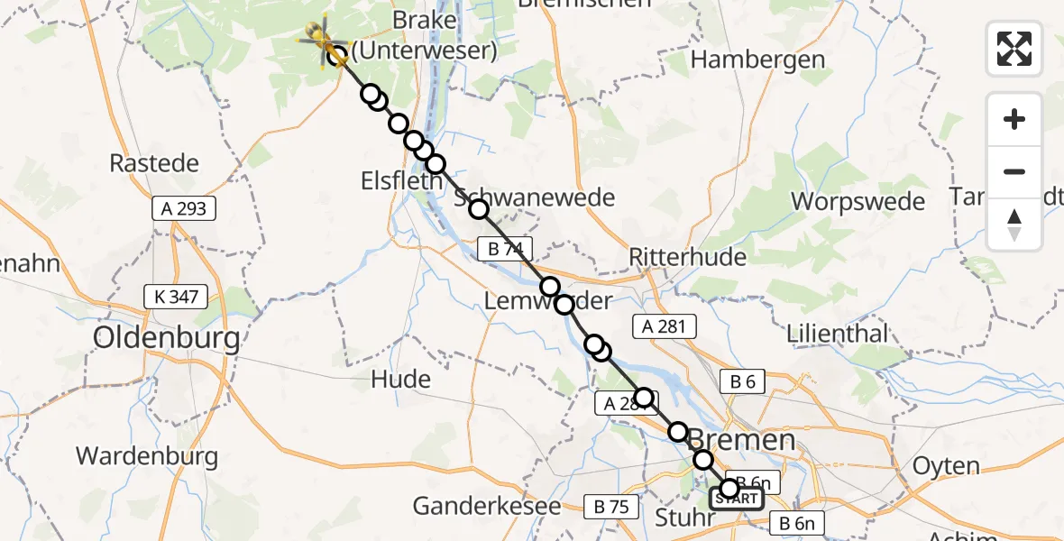 Flugroute Rettungshubschrauber Bremen-Süd - Ovelgönne, 22 Februar 2026, 15:54