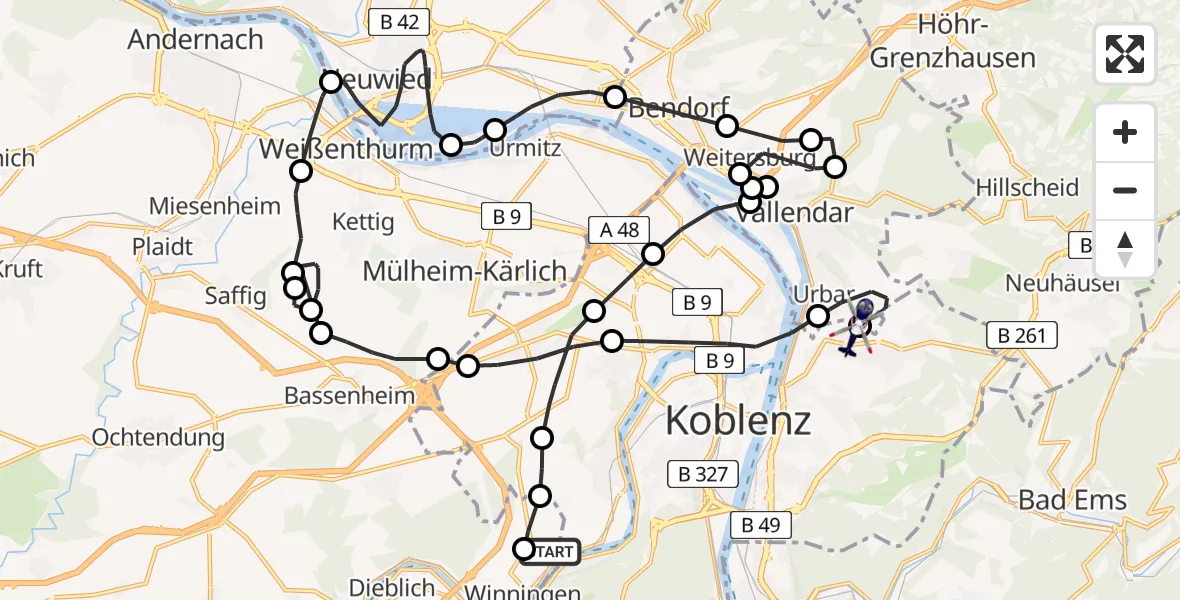 Flugroute Polizeihubschrauber Koblenz-Winningen Airfield - Koblenz, 22 Februar 2026, 15:55