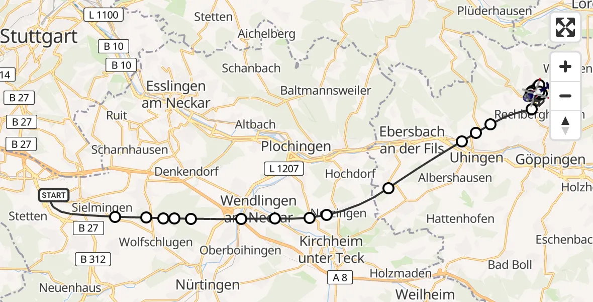 Flugroute Polizeihubschrauber Stuttgart Airport - Rechberghausen, 22 Februar 2026, 16:23