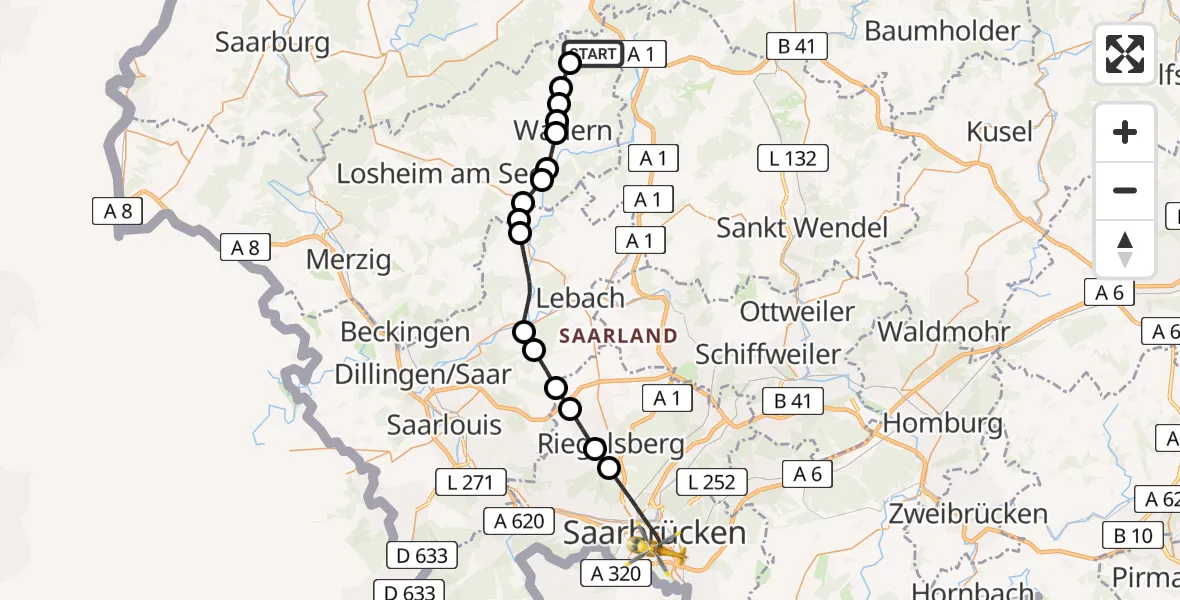 Flugroute Rettungshubschrauber Nonnweiler - Saarbrücken, 22 Februar 2026, 16:26