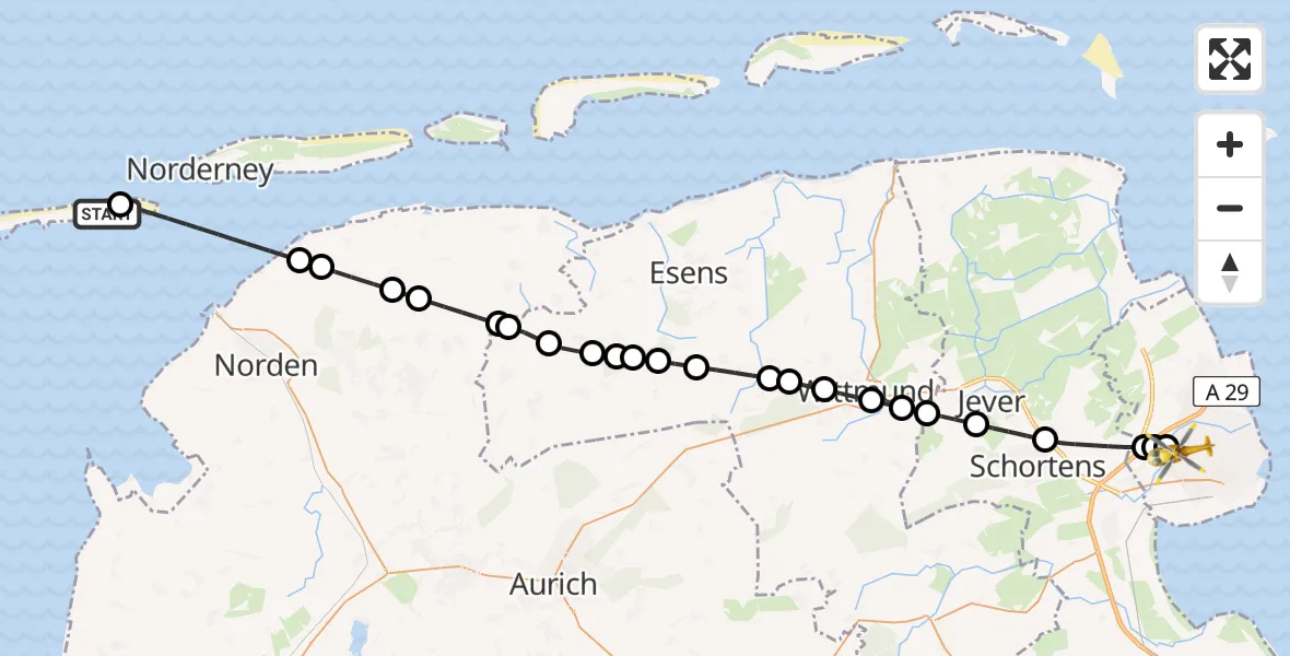 Flugroute Rettungshubschrauber Juist Airport - Wilhelmshaven, 22 Februar 2026, 16:28