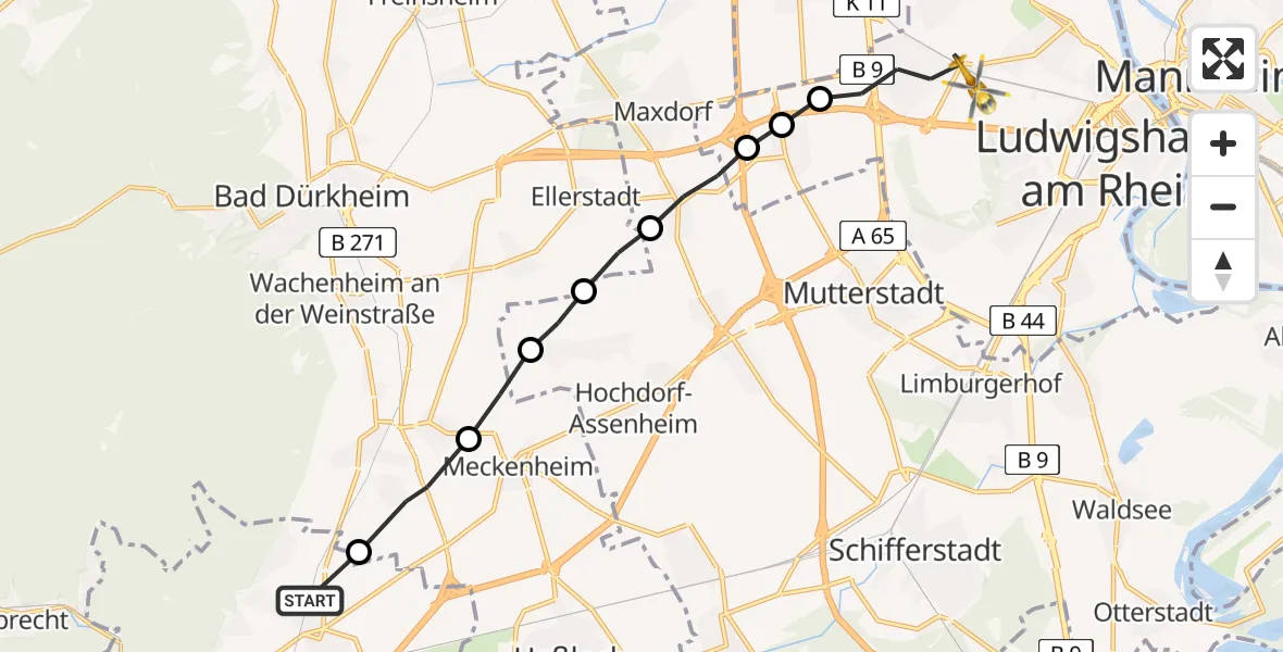Flugroute Rettungshubschrauber Neustadt an der Weinstraße - Ludwigshafen Accident Hospital Heliport, 22 Februar 2026, 16:35