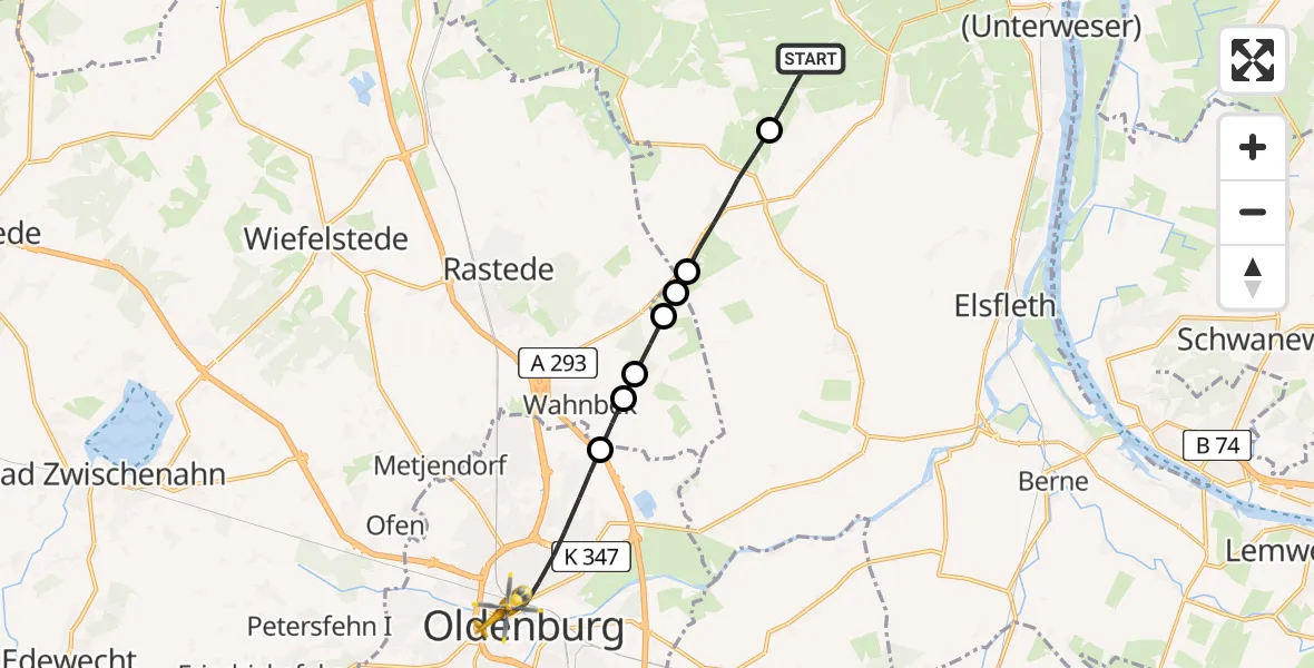Flugroute Rettungshubschrauber Ovelgönne - Oldenburg, 22 Februar 2026, 16:40