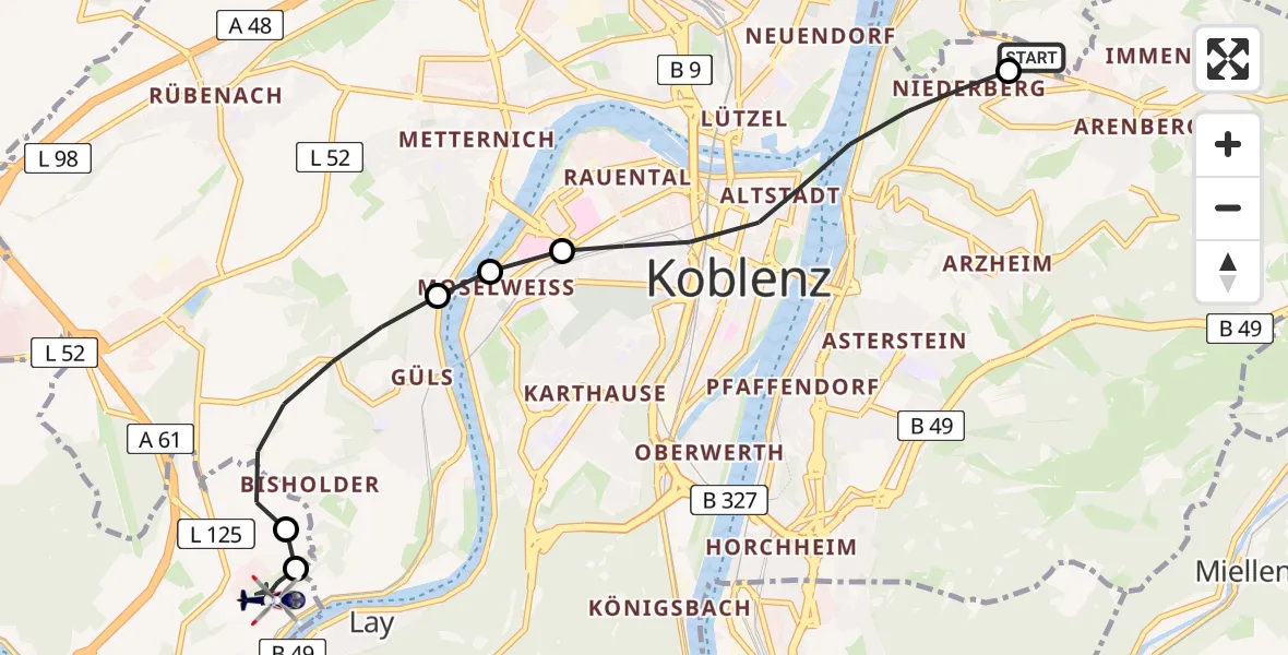 Flugroute Polizeihubschrauber Koblenz - Koblenz-Winningen Airfield, 22 Februar 2026, 16:42